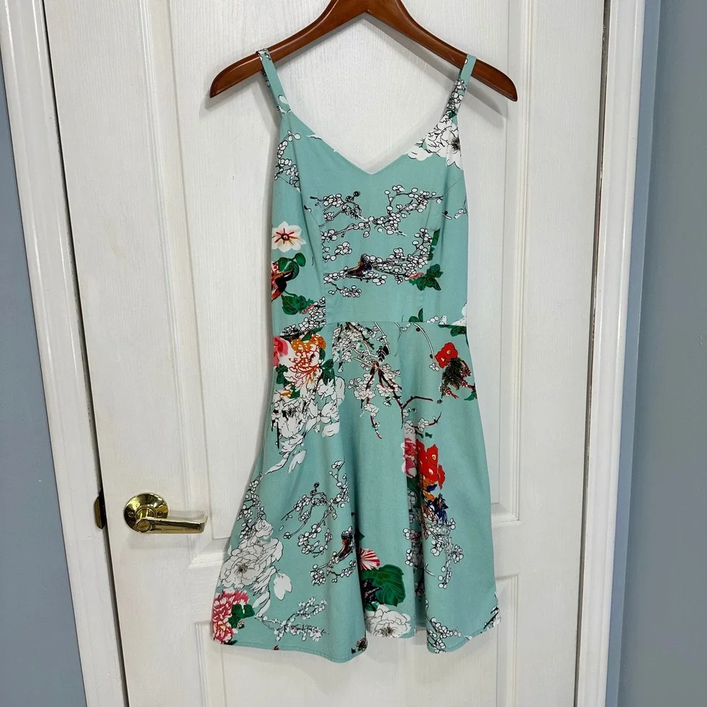 Mint Green Floral Bird Print A-Line Mini Dress with Pockets and Smocked Back M